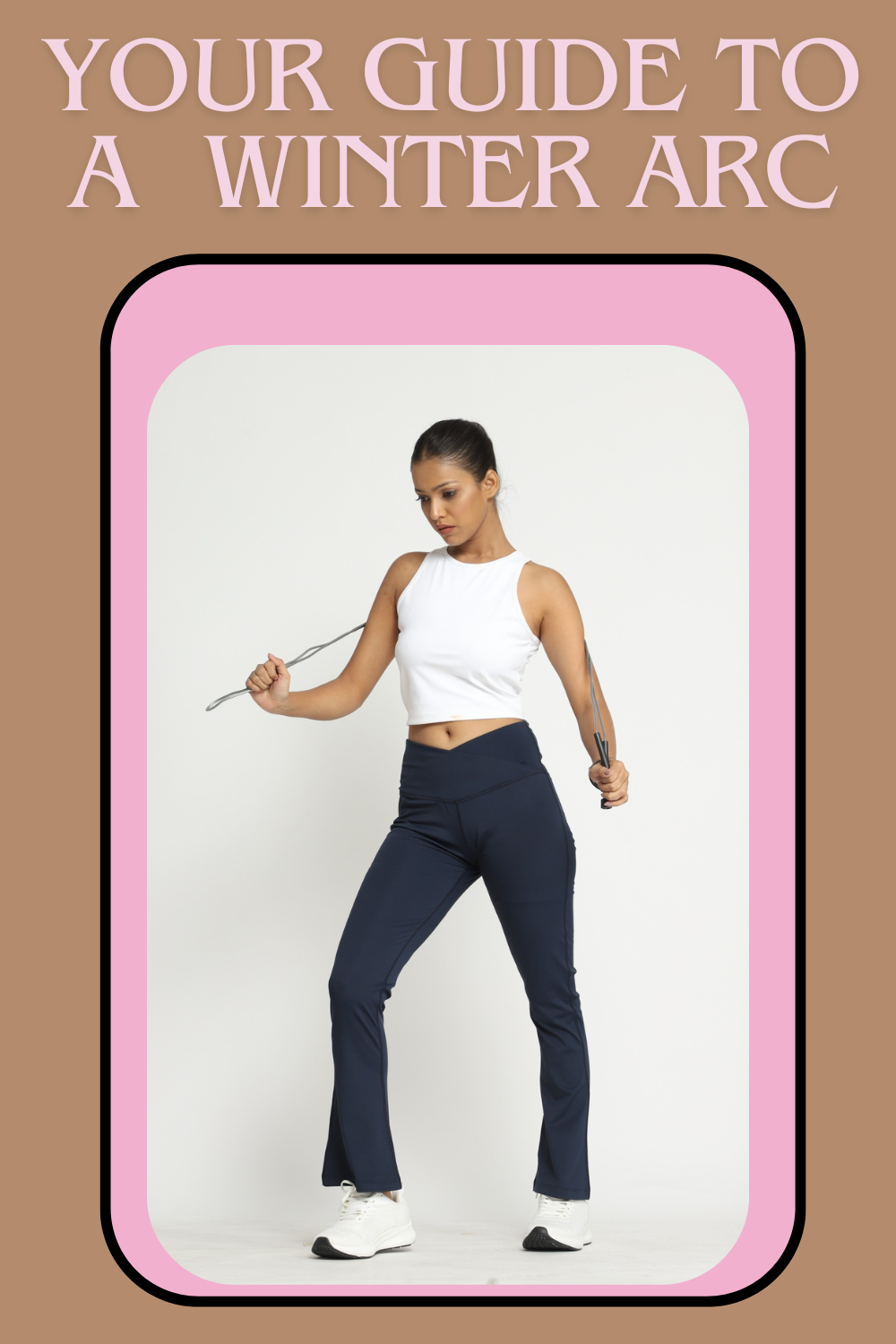 Woman with resistance band and explanation of a winter arc