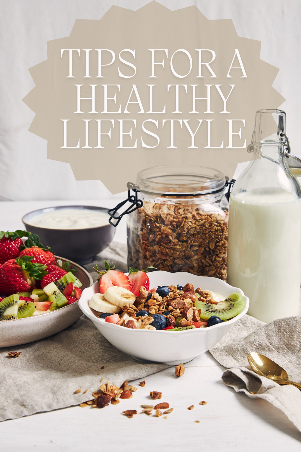 Healthy assortment of food with caption: tips for a healthy lifestyle